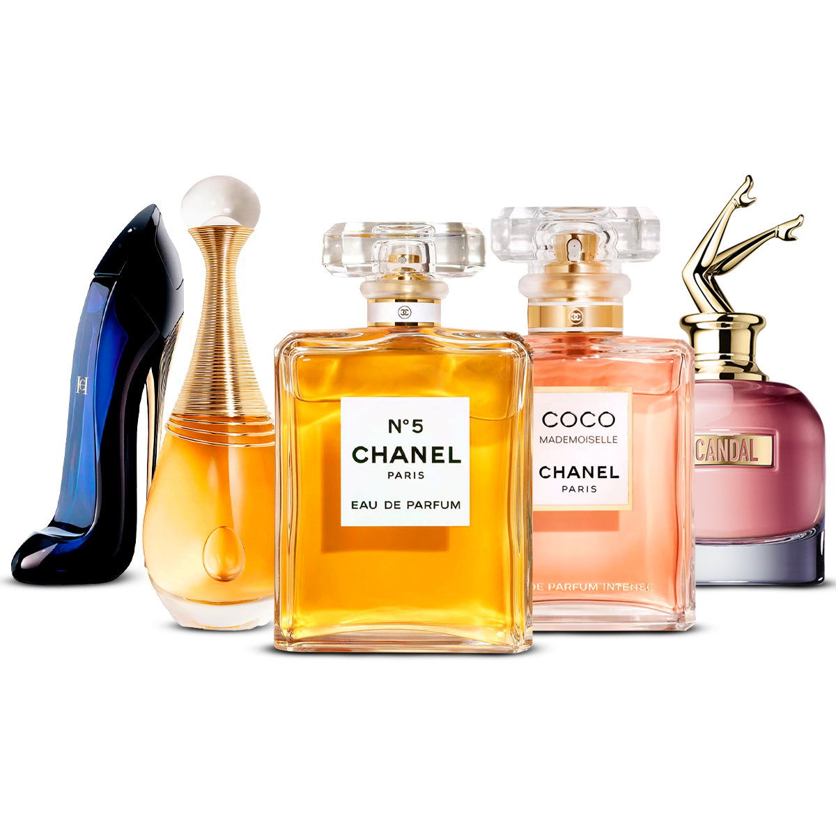 Combination of 5 women's perfumes – Good Girl, J'adore, Chanel Nº5, Coco Mademoiselle and Scandal [100 ml each]