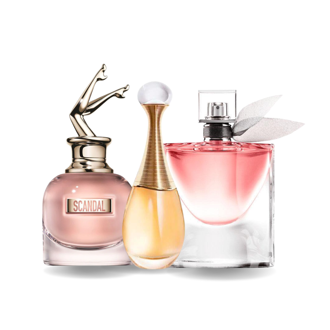 3 Fragrance Combination – Scandal by Jean Paul Gaultier, J'adore by Dior and La Vie Est Belle by Lancôme